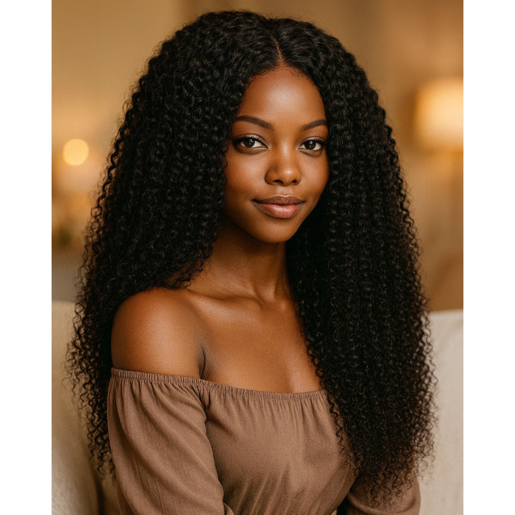Beautiful Black woman wearing the KBS Premium 30-inch Kinky Curly Wig, 13x6 HD lace, 250% density.