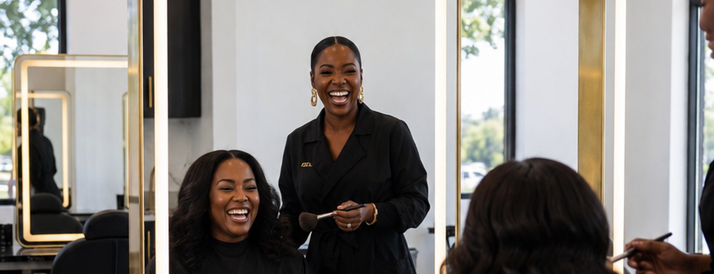 A client and her stylist laughing at the mirror inside KBS Luxe
