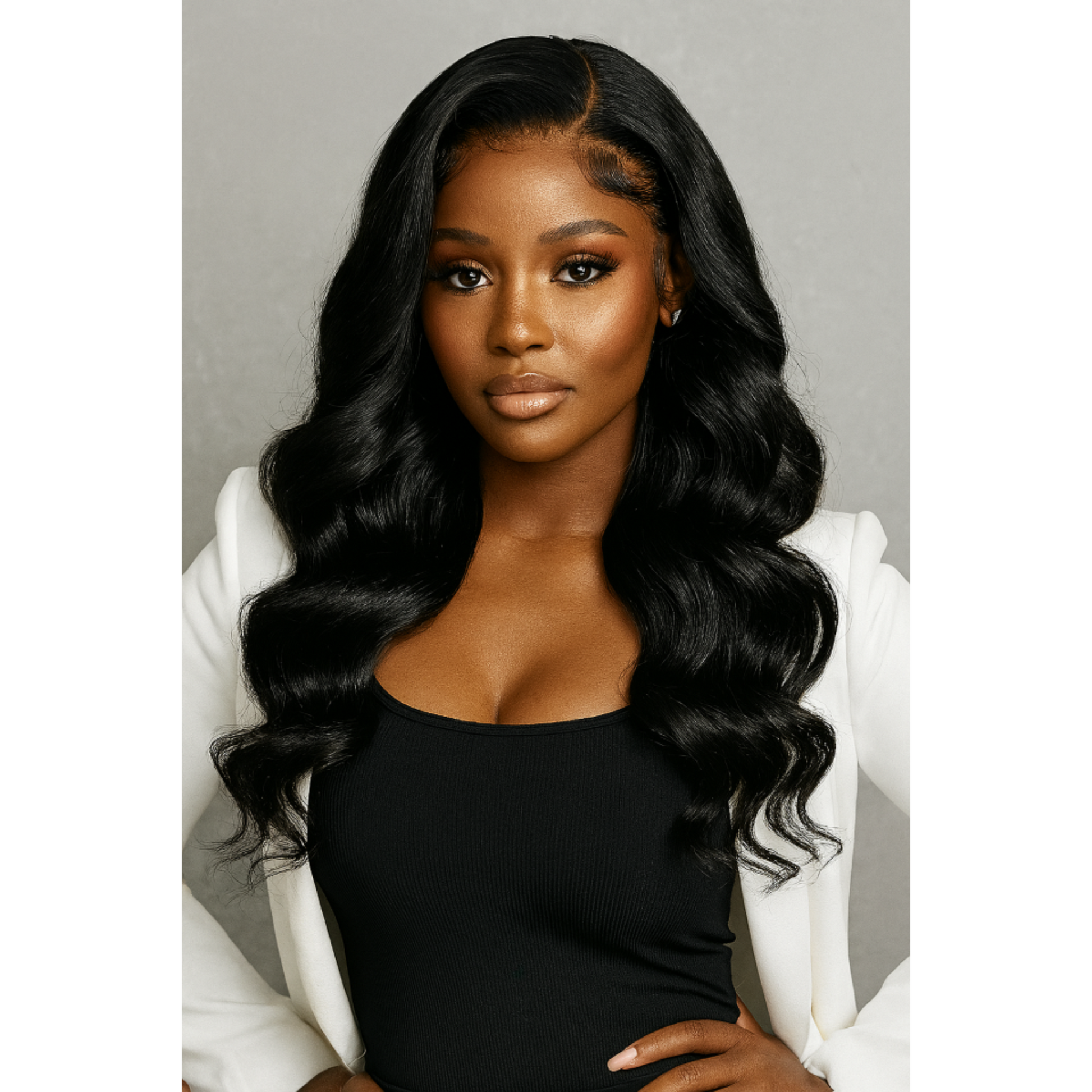 Black woman wearing 22-inch body wave wig, 250% density, 13x6 HD lace.