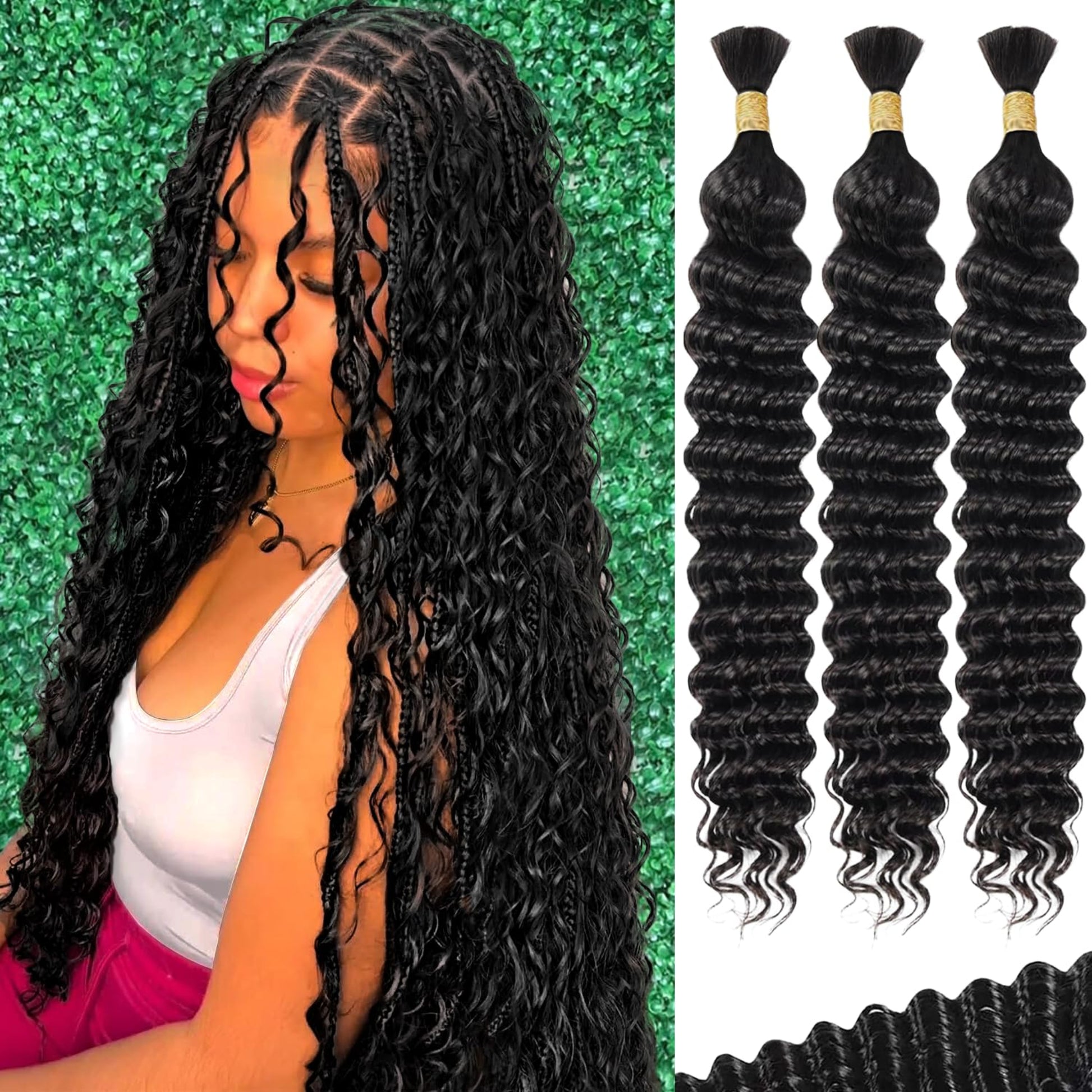 Woman with long braided hair and three bundles of curly hair extensions on a green background.