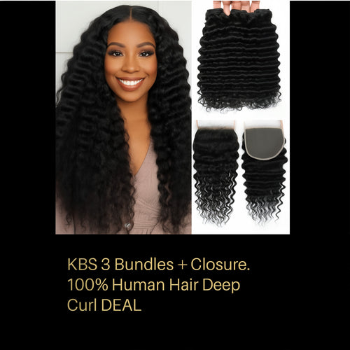 13A KBS 3 Bundles + Closure. 100% Human Hair Deep Curl DEAL