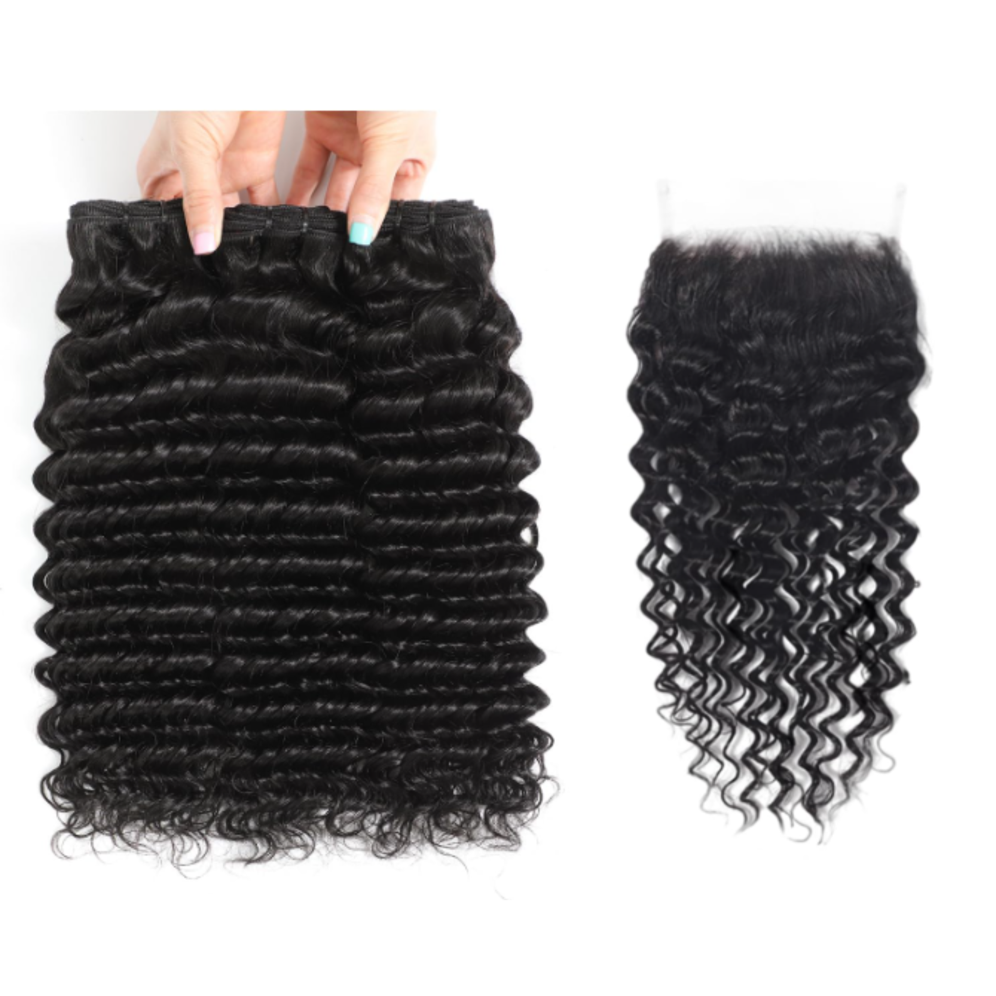 Two bundles of curly hair extensions with a hand holding one bundle on a white background.