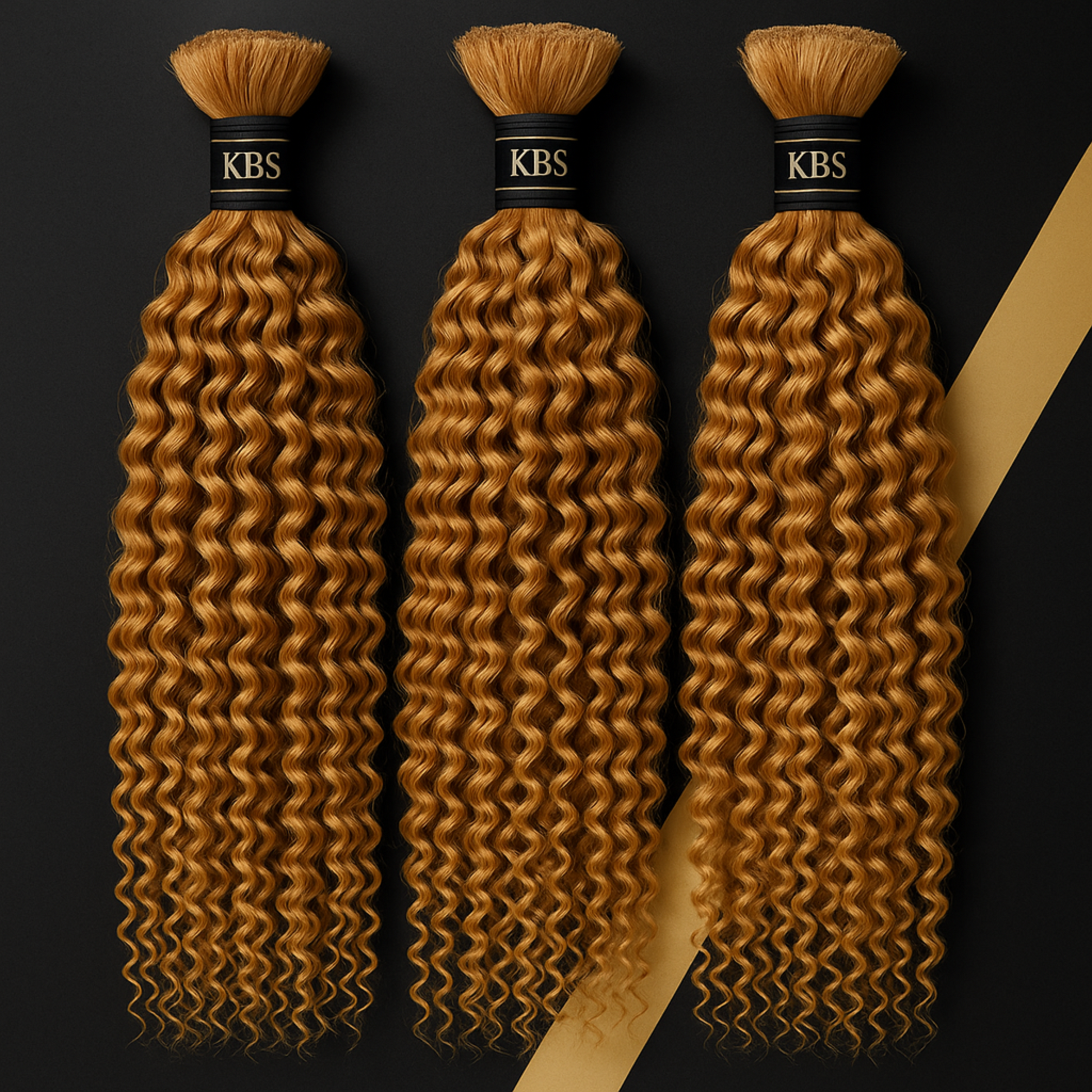 Three bundles of blonde curly hair extensions with KBS labels on a dark background.