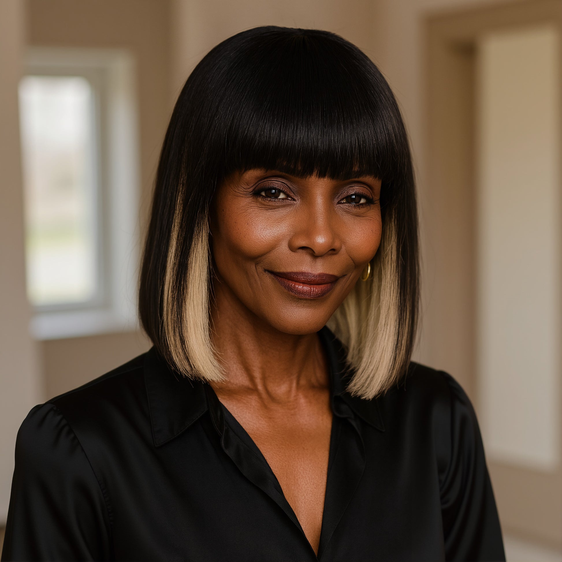 Beautiful Black woman wearing the KBS  10-inch Yaki texture Wig, 3x1HD lace, 180% density.”