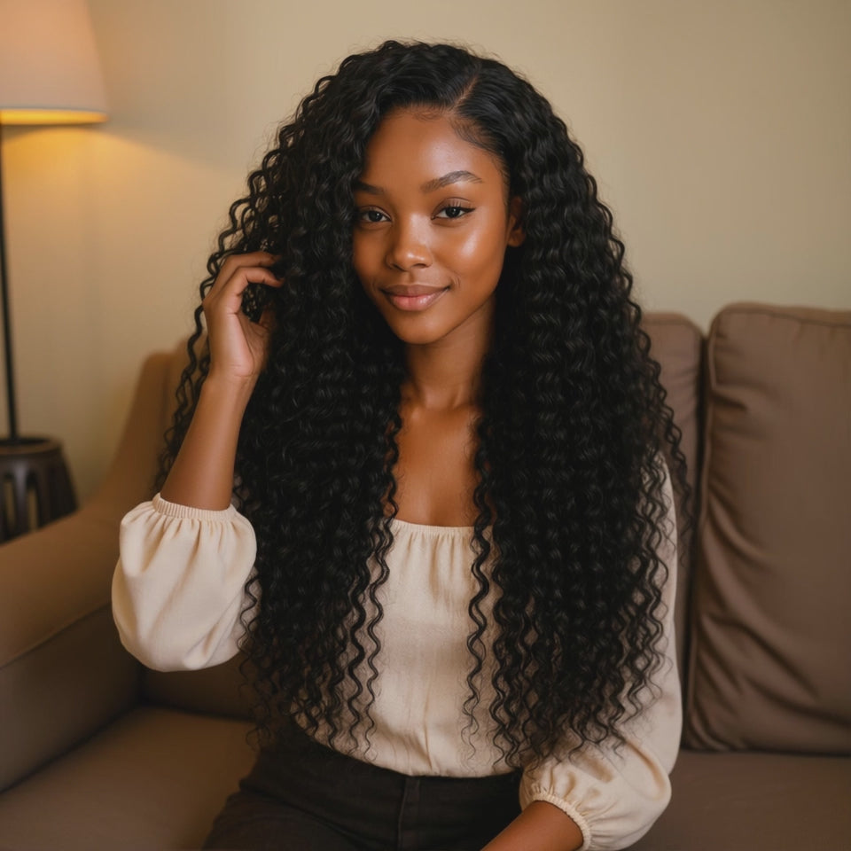Video of aBeautiful Black woman wearing the KBS Premium 30-inch Deep curls Wig, 13x6 HD lace, 250% density