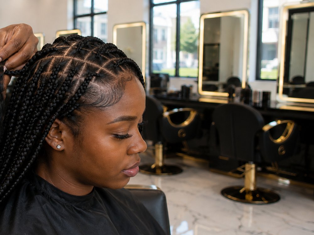 Finished knotless braids on a seated client
