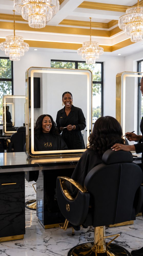A client and her stylist laughing in the gold LED mirror