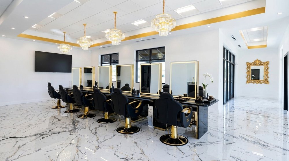The run of styling stations and gold mirrors