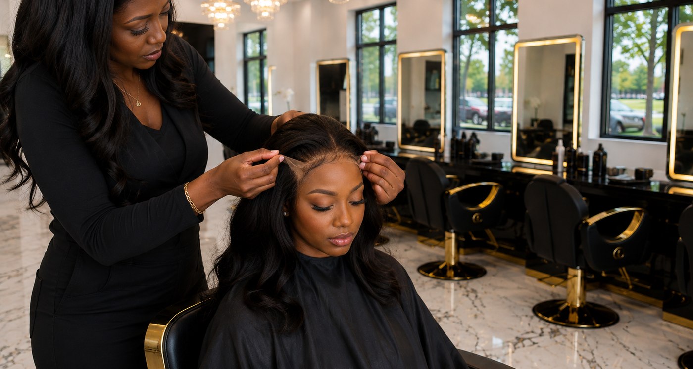 A KBS Luxe stylist fitting a wig for a client in the salon